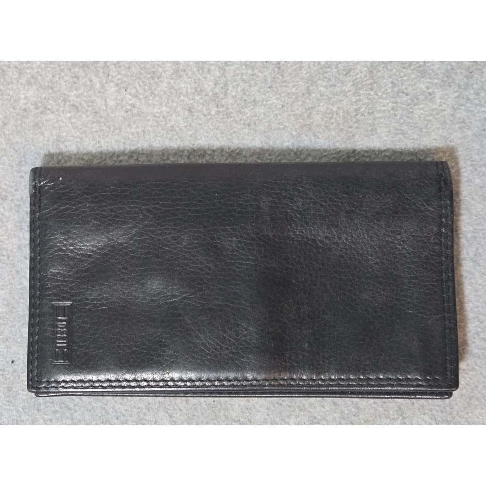 Fossil Leather Long Checkbook Wallet Black with ID & Credit Card Slots Bi Fold